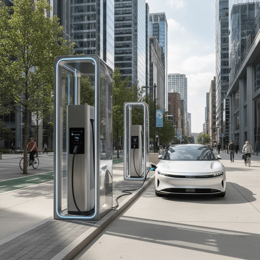 Electric car chargers on a city street